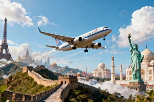 Airplane flying over world landmarks