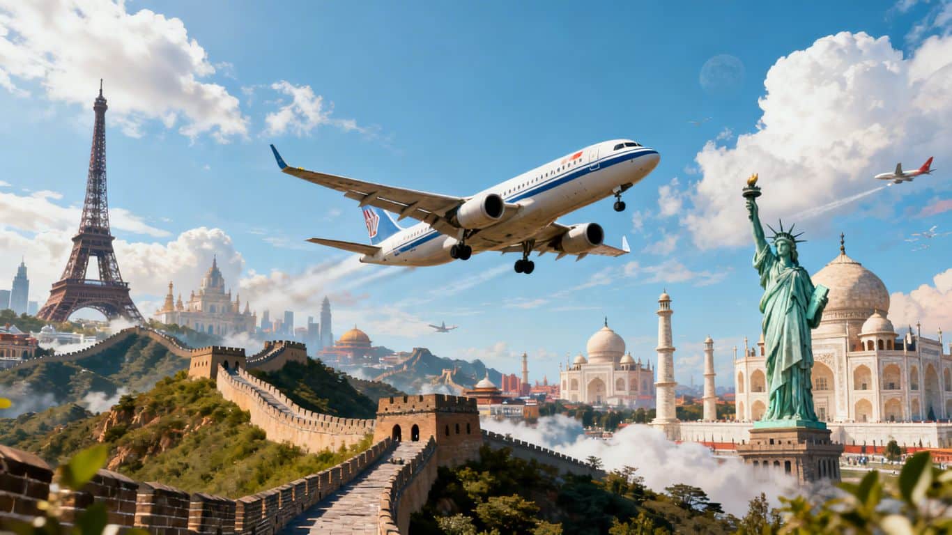 Airplane flying over world landmarks