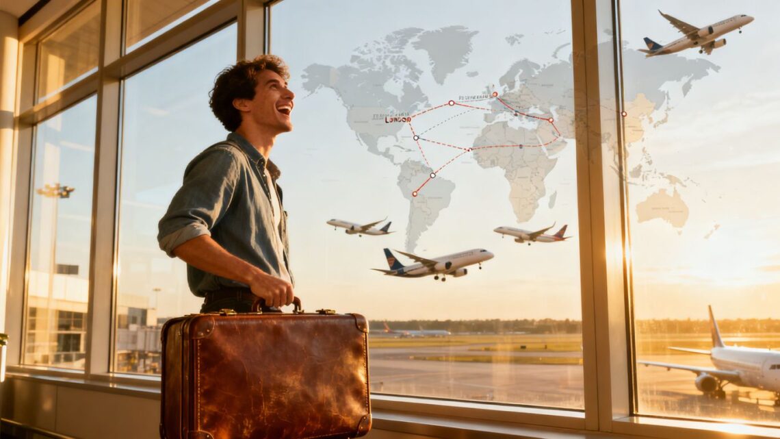 Traveler at airport with suitcase watching planes depart