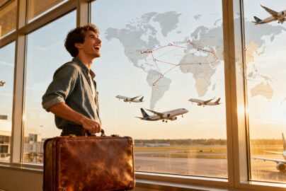 Traveler at airport with suitcase watching planes depart