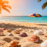 Beach scene with palm trees and clear water.