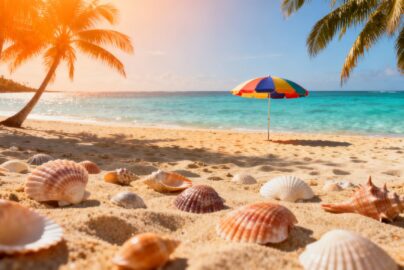 Beach scene with palm trees and clear water.