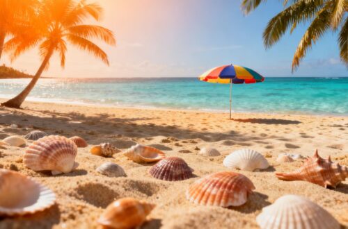 Beach scene with palm trees and clear water.