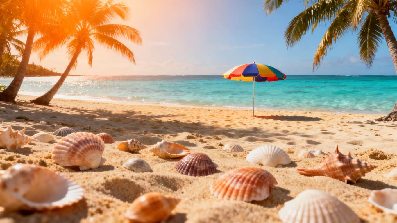 Beach scene with palm trees and clear water.