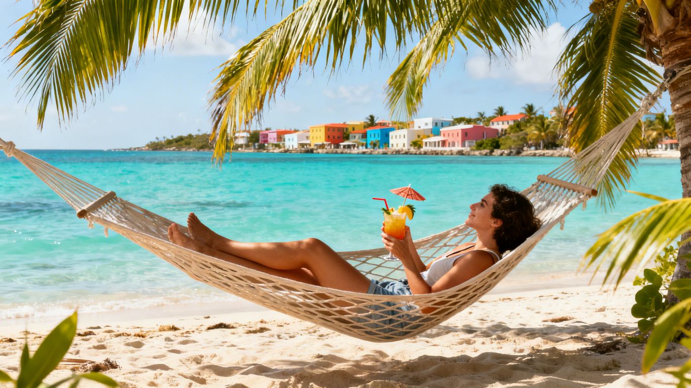 Tropical beach with hammock and ocean view.