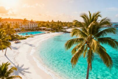 Tropical beach with resort and palm trees.