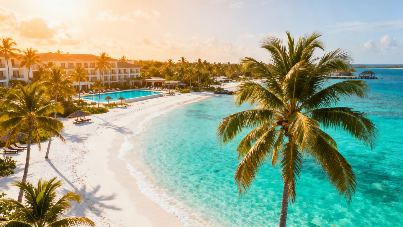 Tropical beach with resort and palm trees.