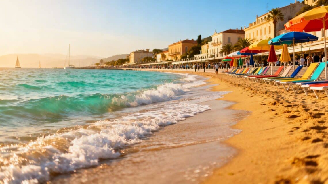 Sunny European beach with clear blue water.