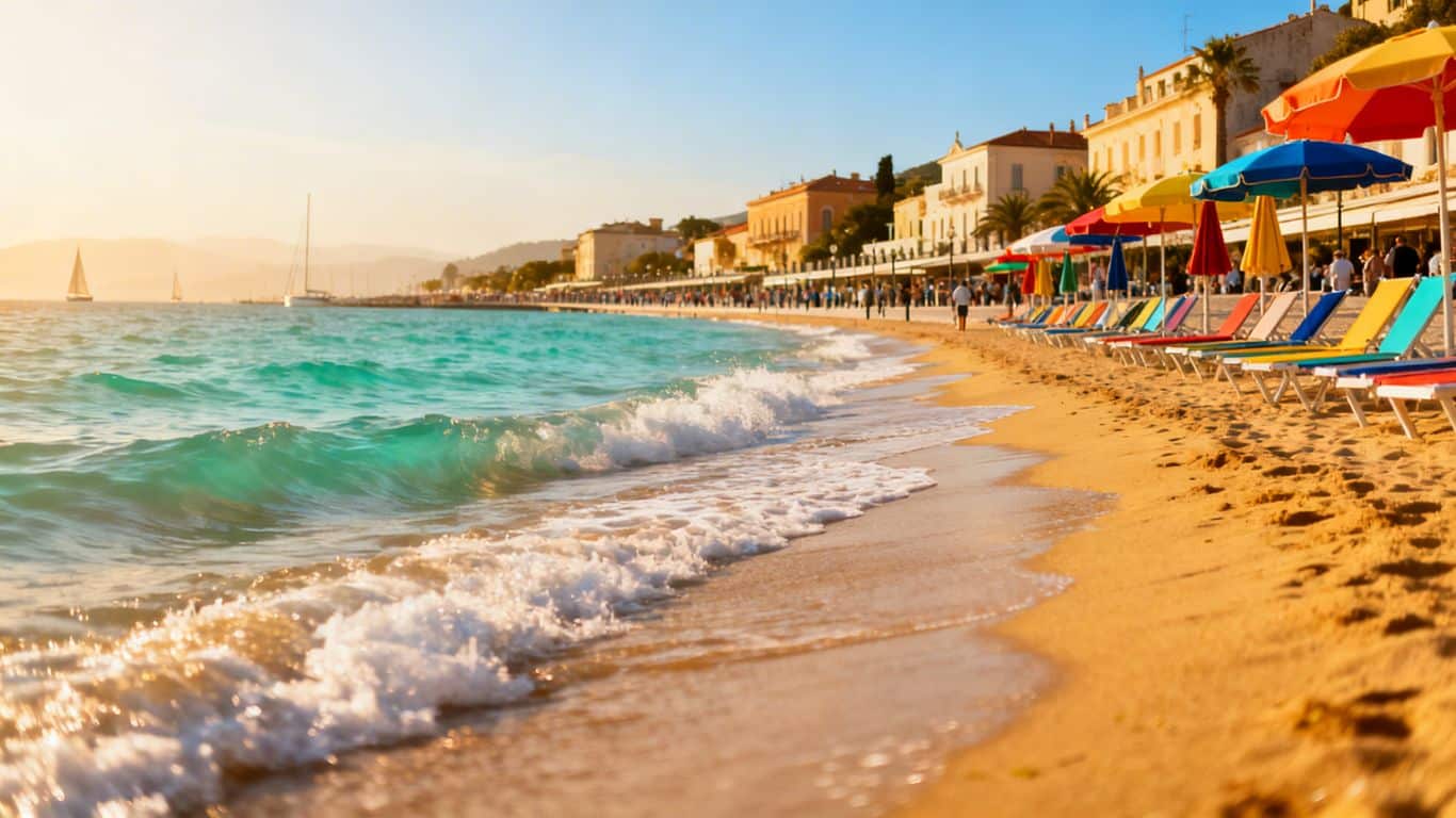 Sunny European beach with clear blue water.