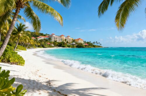 Tropical beach with palm trees and resort.