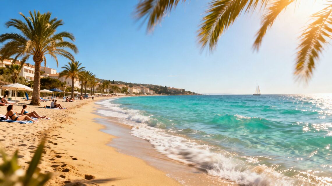 European beach with turquoise water and golden sand.