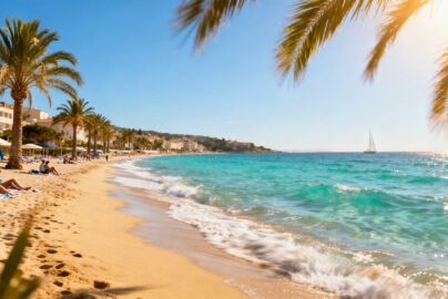 European beach with turquoise water and golden sand.