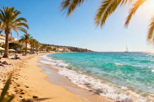 European beach with turquoise water and golden sand.