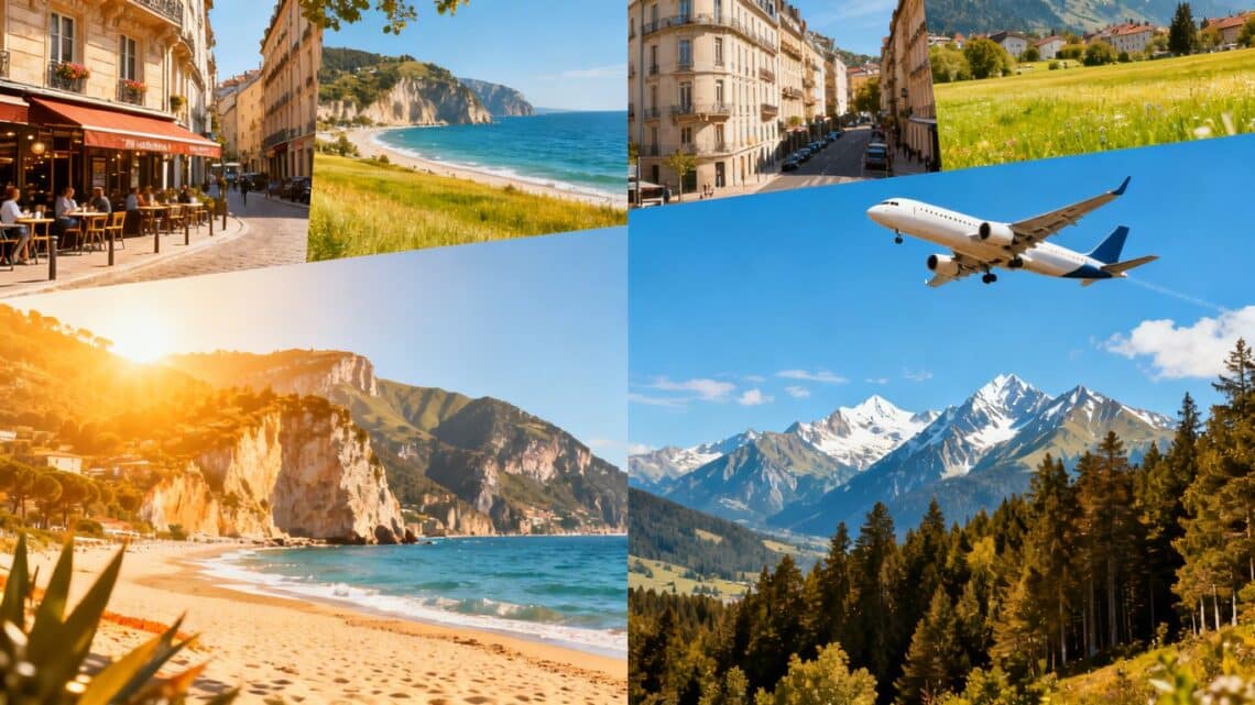 Airplanes flying over European cities and landscapes.