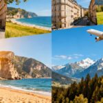 Airplanes flying over European cities and landscapes.