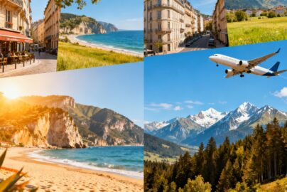 Airplanes flying over European cities and landscapes.