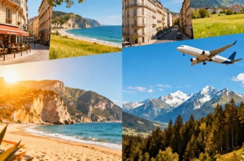 Airplanes flying over European cities and landscapes.