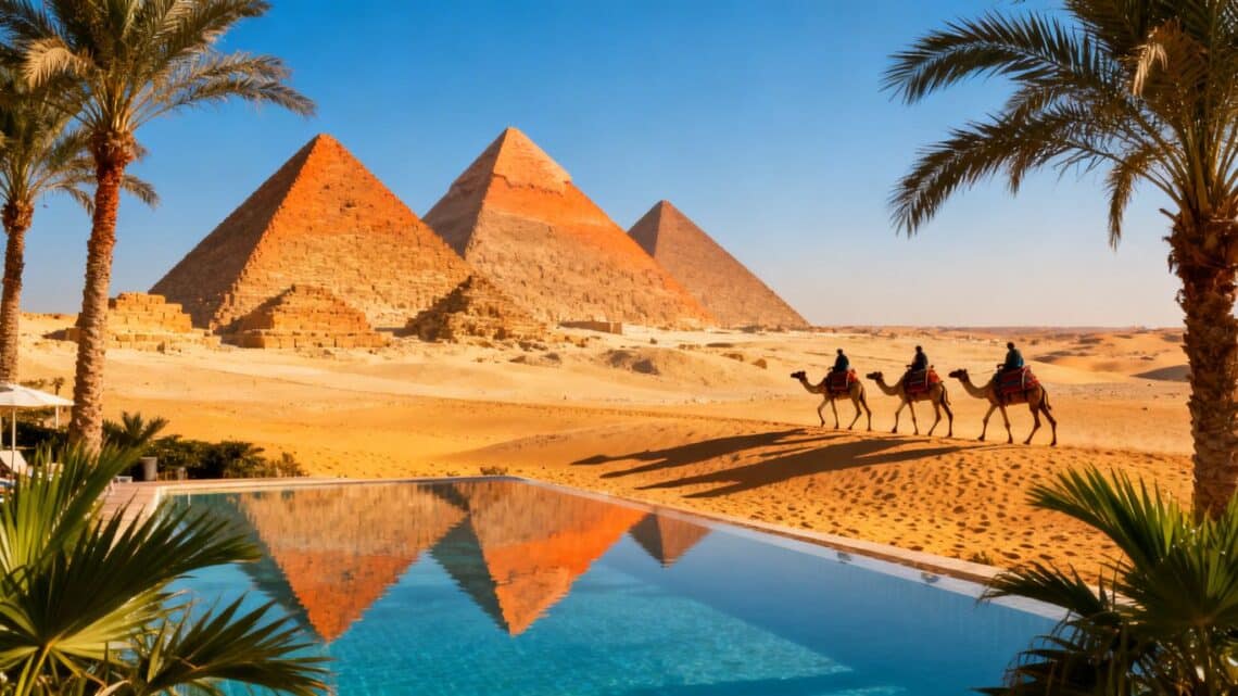 Pyramids of Giza with resort pool and palm trees.