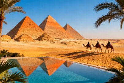 Pyramids of Giza with resort pool and palm trees.