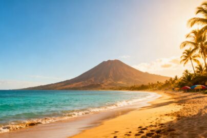 Sunny beach with palm trees and ocean.