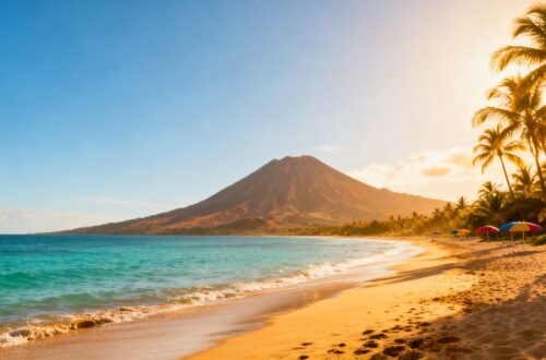 Sunny beach with palm trees and ocean.