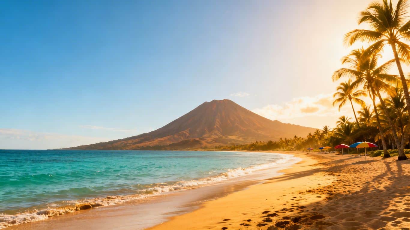 Sunny beach with palm trees and ocean.