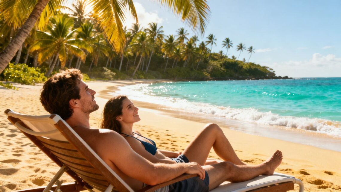 Canary Islands beach with palm trees and ocean.