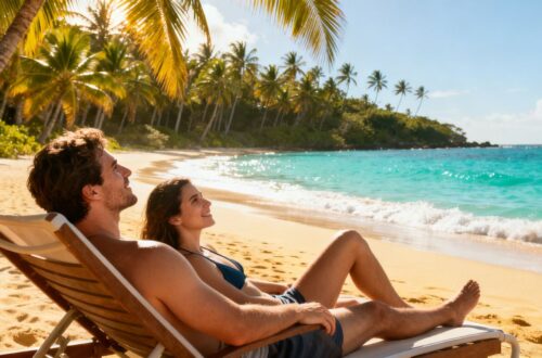 Canary Islands beach with palm trees and ocean.
