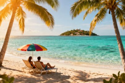 Couple relaxing on a tropical beach vacation.