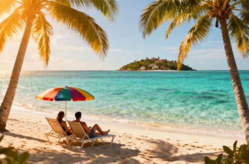 Couple relaxing on a tropical beach vacation.